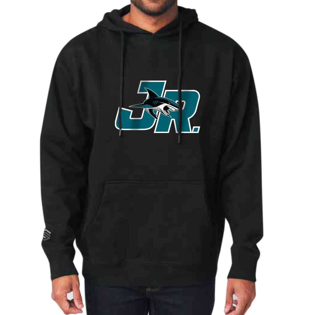 Black JR Sharks Adult Heavyweight Pullover Hoodie - Front View