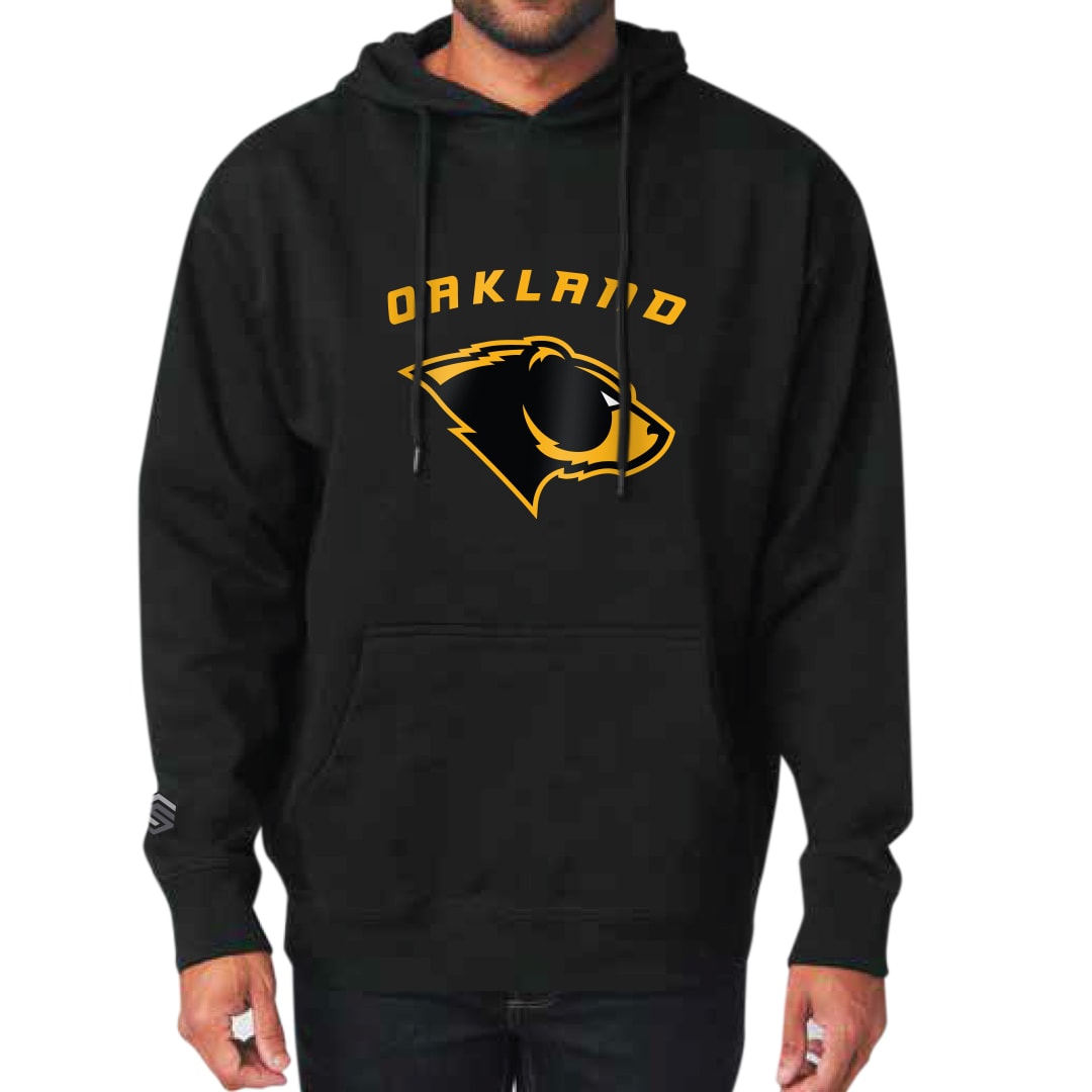 Black Oakland Bears Adult Heavyweight Pullover Hoodie with Personalized Number - Front View