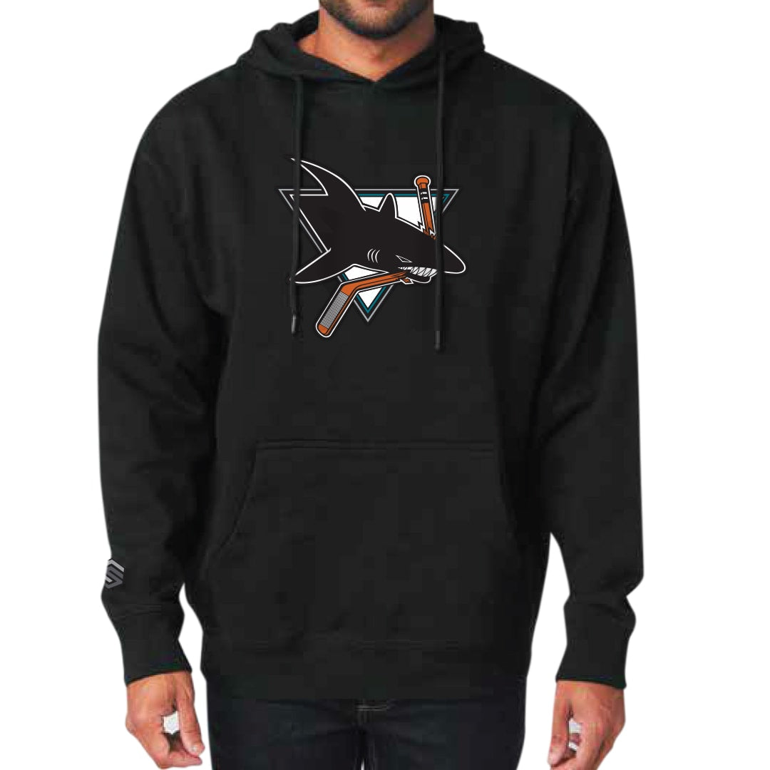 Black JR Sharks AAA Adult Heavyweight Pullover Hoodie - FRONT VIEW