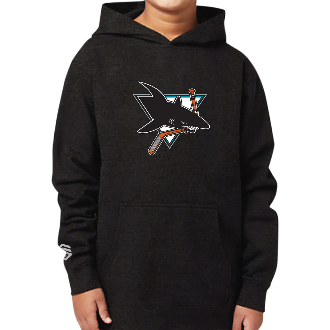 Black JR Sharks AAA Youth Premium Pullover Hoodie - FRONT VIEW
