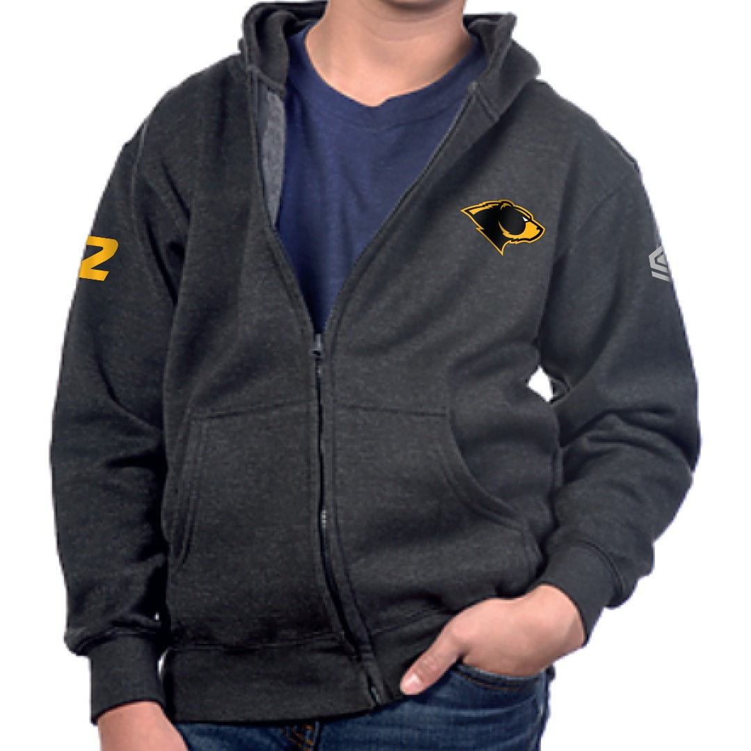 Charcoal Heather Oakland Bears Youth Full Zip Hoodie with Personalized Number - Front View